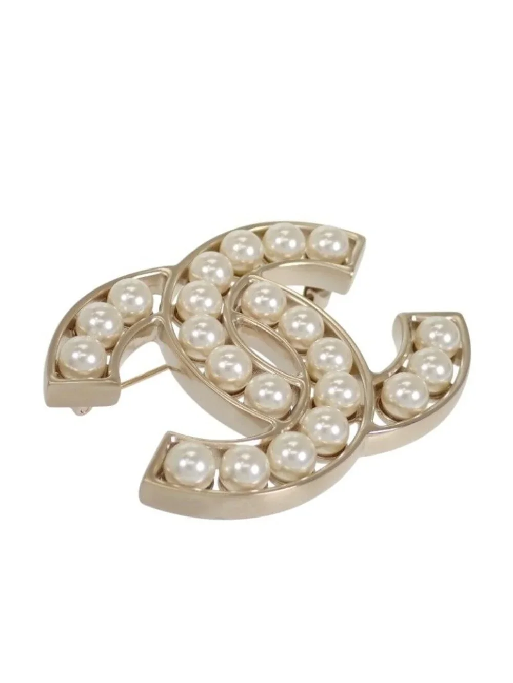Chanel CC Logo Pearl Brooch Metal Faux White Gold White